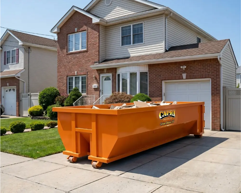 A side-angle view of a large orange Capri-branded dumpster parked on a suburban driveway, partially filled with debris. The dumpster is positioned in front of a two-story brick and siding home with a well-manicured green lawn and a clear blue sky.